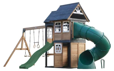 Produktbild von AXI Noud Spielturm aus Holz mit 2 Schaukeln & Rutsche in Grün & Röhrenrutsche | XXL Spielhaus / Spielplatz für Kinder mit Klettergerüst & Trapez |