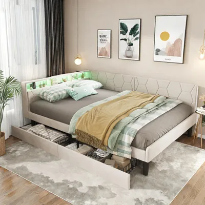 Obrázok produktu pre Čalúnená posteľ ProximaX 140 x 200 cm, posteľ s úložným priestorom, 2 zásuvkami a LED osvetlením, nabíjacími portmi USB/Type-C, zamatovým poťahom, 2 v 1 – denná posteľ/pohovka, béžová