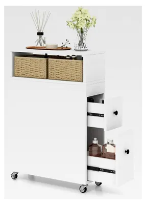 Produktbild von Nischenregal 19 cm breit, schmaler Badezimmerschrank auf Rollen, Nischenschrank mit 2 Schubladen und 2 Weidenkörben, Rollwagen 19x50x72 cm (Weiß)