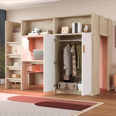 Produktbild von STILVORA Hochbett 90x200 cm mit Schreibtisch & Kleiderschrank, Jugendbett mit Regal, Staufächern & LED-Beleuchtung, Multifunktionsbett für Kinderzimmer & Jugendzimmer, Holzfarbe