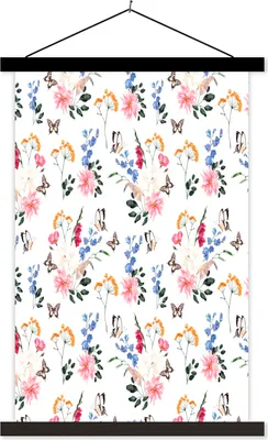Produktbild von MuchoWow® Textilposter Blumen - Schmetterlinge - Collage 60x90 cm mit schwarzem Rahmen - Poster Wohnzimmer
