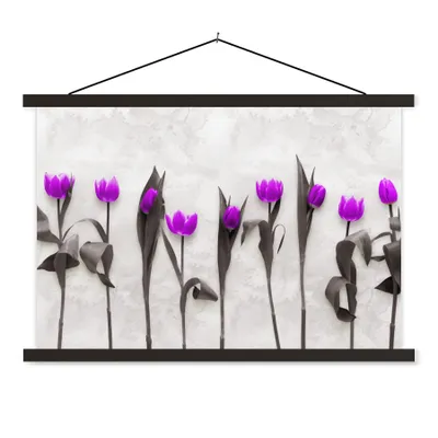 Produktbild von MuchoWow® Textilposter Blumen - Tulpen - Lila 90x60 cm mit schwarzem Rahmen - Aufhängungssatz
