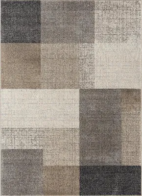 A close-up, top-down view of a rectangular rug with a geometric pattern of squares and rectangles in various shades of beige and gray.