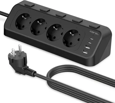 Obrázek produktu pro Zásuvka s vypínači – Rozbočovač zásuvek – Organizér do kanceláře – 4 USB porty – 2 metry kabelu – Černá barva