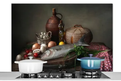 Produktbild von KitchenYeah®  Spritzschutz Küche - Küchenrückwand - Wandschutz für Herd und Spüle - Rustikal - Fisch - Stilleben - Gemüse - Kräuter 120x80 - Alu-Dibond (Alternative zum Spritzschutz aus Glas) - Hitzeb