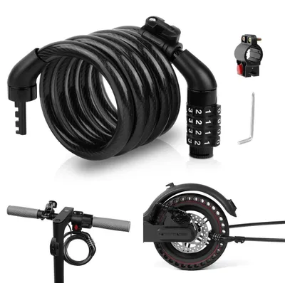Obrázek produktu pro Elektrický zámek pro koloběžky, 4-místný kód, 12 mm / 120 cm, kabelový zámek, číselný zámek, černá barva