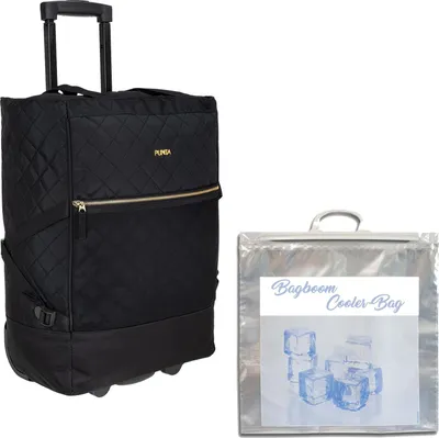 A black trolley bag and a silver cooler bag are shown side-by-side against a white background.