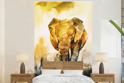 Produktbild von MuchoWow® Fototapete für Wohnzimmer oder Schlafzimmer Wandtapete Vinyl Motivtapete Elefant - Kind - Aquarell - 200x300 cm - Wanddekorationen