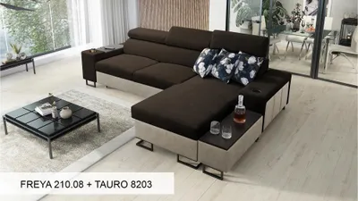Produktbild von Ecksofa L-Form Sofa mit Ottomane MELODIE I MINI im modernen Stil mit Schlaffunktion BRAUN FREYA 210.08 + TAURO 8203