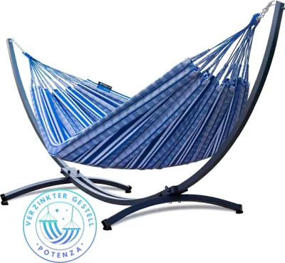 Produktbild von Potenza Outdoor Pereira Hängematte mit Verzinkter Gestell für 2 Personen I 100% Baumwolle Doppelhängematte 230x160 cm, 200kg I Hängemattengestell 220kg, wetterfest