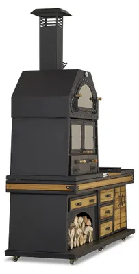 Image de Cuisine d'extérieur noire en bois et acier inoxydable moderne et résistante aux intempéries