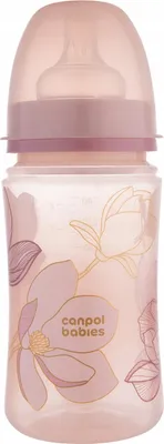 A pink baby bottle with floral patterns and a pink cap.