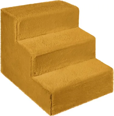 Obrázek produktu pro Psí schody pro malé psy 30 cm vysoké žluté - žebřík 3 stupně, polstrované huňatou látkou imitující srst, přenosné - plošina na pohovku