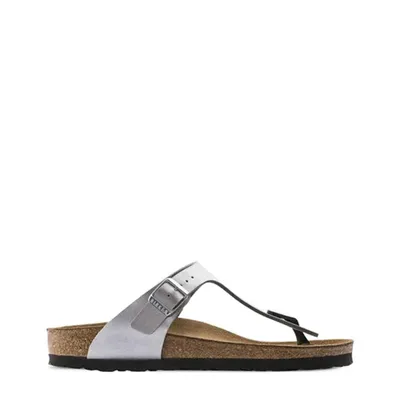 A single silver Birkenstock Gizeh sandal is shown from the side against a white background.