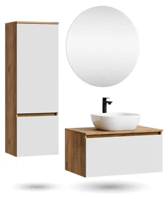 Produktbild von ARISA Badmöbel Set inkl. Hochschrank in Weiß – Mit Nova LED Spiegel und weißem Keramik-Aufsatzwaschbecken 42 cm