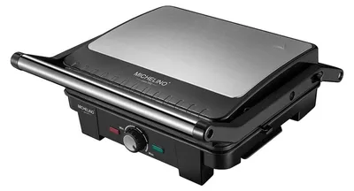 A black and silver electric grill is shown from a diagonal angle.