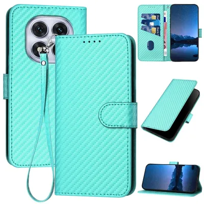 Produktbild von Für Xiaomi Redmi Note 14 Pro 5G Carbon Fiber Kunstleder Hülle mit Lanyard Türkis
