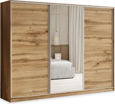 Produktbild von Masseno Schiebetürenschrank TARI 250/205/58 cm Kleiderschrank mit 4 Schubladen Schlafzimmer Schrank 3-türig mit Spiegel Eiche Wotan