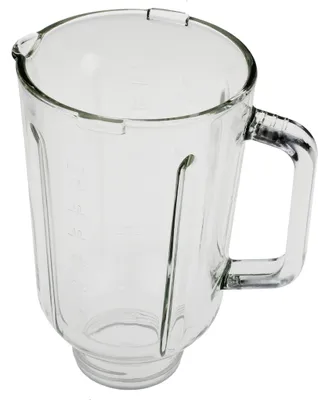 A clear glass blender jar with a handle, shown from a slightly elevated side angle against a white background.