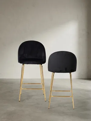 Produktbild von 2er Set Barhocker Samt Schwarz Hocker mit Lehne & goldenen Beinen, Küchenhocker Skandinavisch Stoff / Metall 110 kg, Design Barstuhl Tresenhocker, Bistrohocker Gepolstert