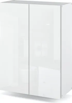 A white cabinet with two doors against a white background.