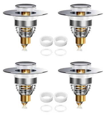 Produktbild von 4 Stück Edelstahl-Rückprall Kern Push-Typ Ablaufgarnitur Waschbecken, Waschbeckenstöpsel Abfluss Sieb, Abflussstopfen für Waschbecken Abfluss Aller Art mit 2 Dichtungen (Silbrig)