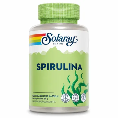 Produktbild von Solaray Spirulina Algen – 100 vegane Kapseln – Nährstoffreiches Superfood mit Protein, Vitaminen & Mineralstoffen – Hochdosiertes Spirulina-Supplement