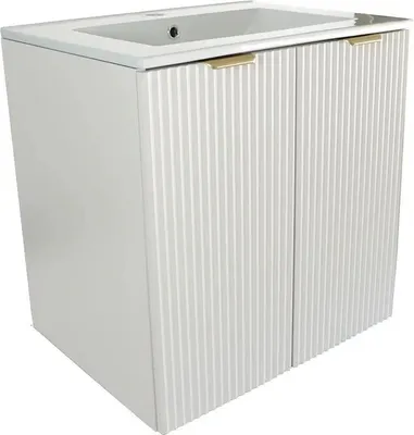 Zdjęcie produktu dla WENA Szafka łazienkowa z umywalką wpuszczaną, z drzwiczkami 60 cm, ryflowane fronty, metalowe uchwyty w kolorze złotym (kolor: Biały)