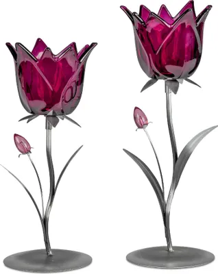 Produktbild von 2er Set Teelichthalter Leuchter Blüten aubergine H. 26 + 30cm Glas Formano