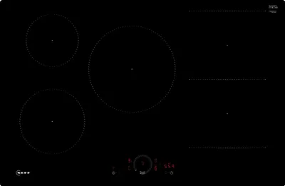 A top-down view of a black induction cooktop with four heating zones and a control panel.