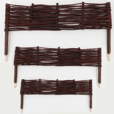 Three sizes of woven willow garden edging fences are displayed against a white background.
