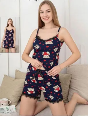 Produktbild von Damen Pyjama Schlafanzug Shorty Kurz Schwarz M 2 Teiler Set M-88