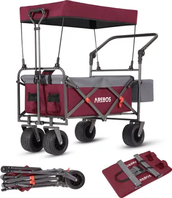 Produktbild von AREBOS Bollerwagen Rot, faltbar mit Dach, 100 kg Traglast, 90 L Fassungsvermögen, 360° Vorderräder, aus 600D Oxford-Gewebe & Eisenrohr, 87x63x106 cm, für Camping, Outdoor & Festivals, mit XXL Tasche & 2 Aufbewahrungsnetzen, wasser- & schmutzresistent