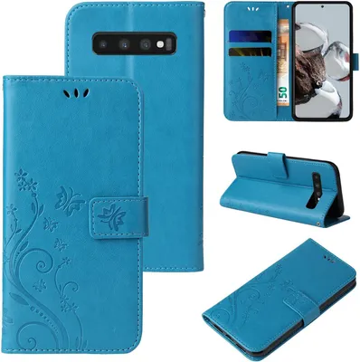 Produktbild von Handyhülle für Samsung Galaxy S10+ Floral Blumen Schmetterling Flip Cover Hülle Case Klapphülle Handytasche Farbe: Blau