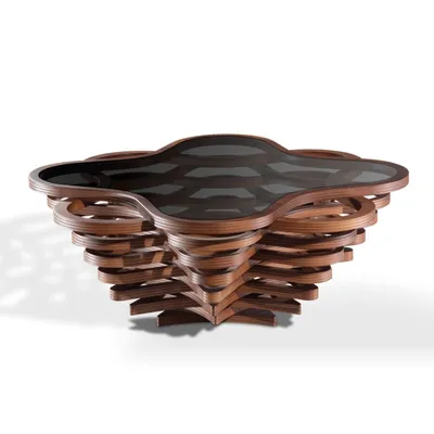 Produktbild von Couchtisch Beistelltisch Wolke Walnuss moderner Kaffeetisch Wohnzimmertisch Glas 90x90x42cm Nussbaum rustikal