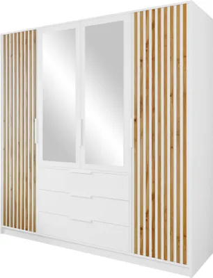 Produktbild von MIRJAN24 Kleiderschrank Tytus Lux D4 mit 4 Drehtüren und 3 Schubladen, mit Aluminumgriffe, Kleiderstange, Frontspiegel (Farbe: Weiß / Weiß + Eiche Wotan)