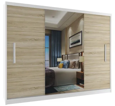 Image de BELINI Verona ME : Armoire coulissante de 232 cm, blanche/chêne sonoma mat - Armoire avec miroir et penderie, idéale pour la chambre