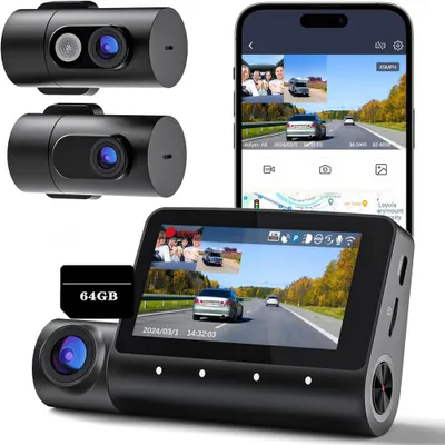 Image de 3-caméra 1080P enregistreur de conduite voiture avec 170 ° objectif grand angle Dashcam avec 64 Go