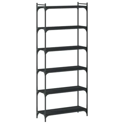 A tall, narrow, black, six-shelf bookcase against a white background.