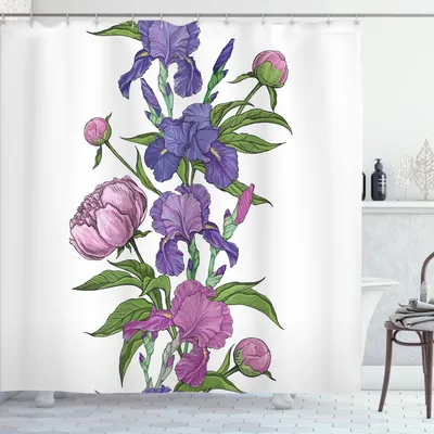 Obrázok produktu pre ABAKUHAUS Sprchový záves s motívom pivonky, naivné ručne maľované kvety v odtieňoch fialovej, kosatcový kvet, 175 x 200 cm, viacfarebný biely