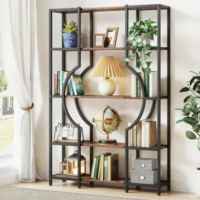 Immagine prodotto di Libreria a 5 ripiani, stile vintage, in legno e metallo, color marrone, con 12 ripiani a giorno