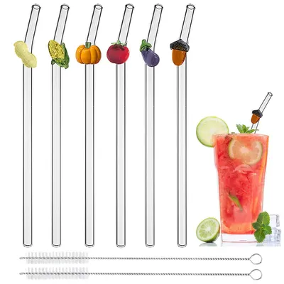 Produktbild von Glas-Trinkhalme gebogen 6er Set mit Reinigungsbürsten 20cm
