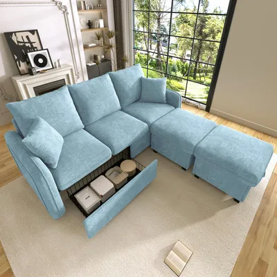 Produktbild von Merax Ecksofa U-Form mit Schlaffunktion und Stauraum, Dreisitzer Sofa-Set mit 2 Hocker – Chenille-Stoff, Metallrahmen, Modular Kombinierbar, Blau