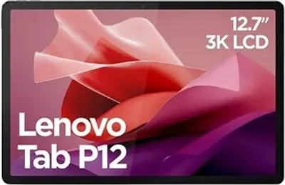 A marketing image of a Lenovo Tab P12 tablet with abstract colorful fabric graphics.