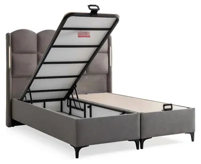 Produktbild von Graues Bett mit Matratze aus Textil und Holz, modernes Design