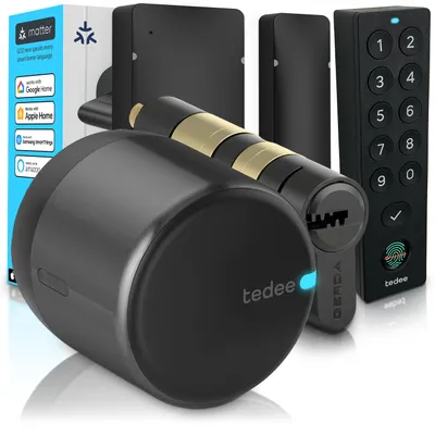 Obrázek produktu pro Tedee GO2 Alu s Keypad PRO, senzorem dveří a vložkou Gerda EXXO – Chytrý zámek, otisk prstu, třída 6, bezpečné zamykání, bezklíčový vstup, Matter