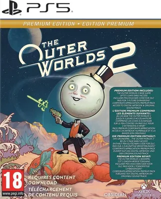 The image is of the game box for 'The Outer Worlds 2' Premium Edition for PS5.