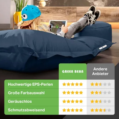 Produktbild von Green Bean® XXL Riesensitzsack 140x180cm + Hocker 40x40x40cm mit EPS-Perlen Füllung - 2er Set Sitzsack "Square+Stay" Dunkelblau
