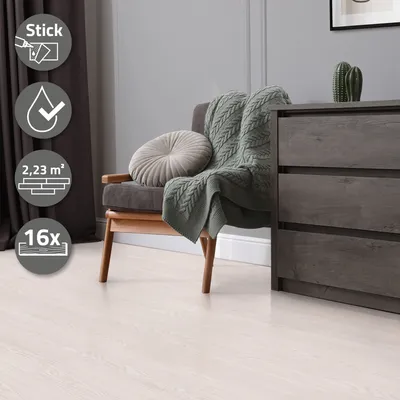 Produktbild von ML-Design Selbstklebende PVC Bodenbelag, 2,23 m²/16 Vinyl-Dielen, Eiche Weiß
