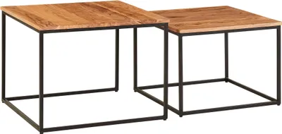Image de Table de salon composée de 2 tables d'appoint en bois massif d'acacia / métal carré | Wohnling